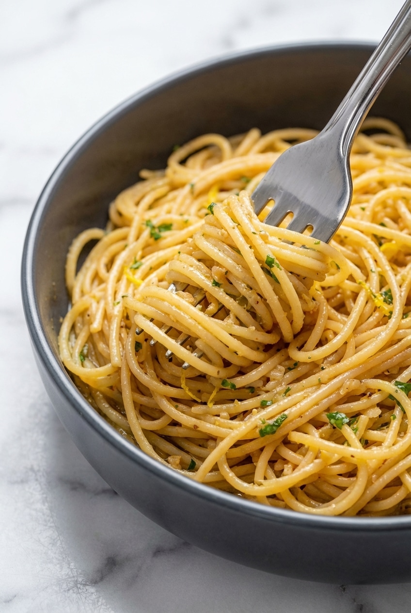 Tossing garlic butter pasta with starchy pasta water to create a smooth, velvety emulsification in a pan.