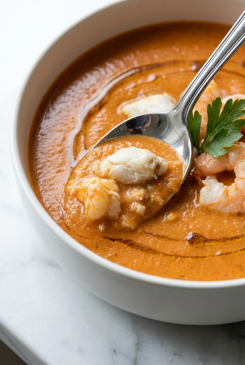 A close-up showing the velvety smooth texture of the Crab and Shrimp Seafood Bisque after being blended in a Dutch oven.