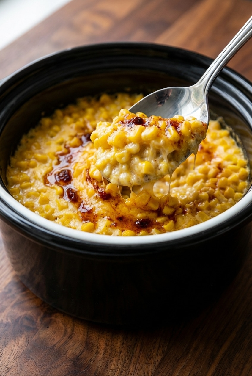 A close-up view inside a slow cooker showing the creamy, emulsified sauce for slow cooker cheddar corn bubbling gently.