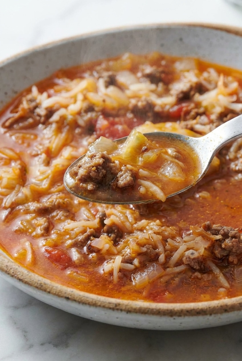 Close-up of tender green cabbage leaves simmering in a rich cabbage roll soup broth.