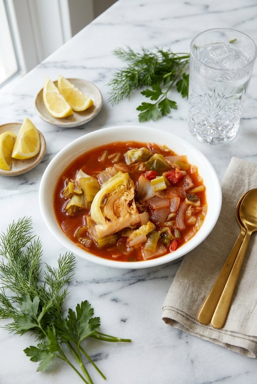 Close-up of the simmering cabbage soup diet recipe showing tender roasted vegetables and diced tomatoes in a rich, savory broth.