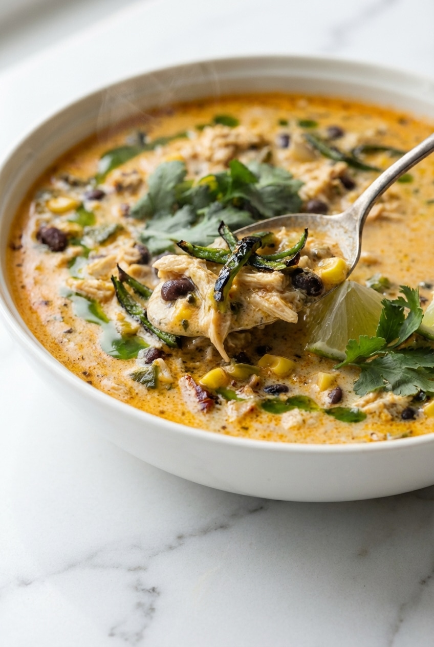 Simmering chicken poblano soup in a Dutch oven to build deep, roasted flavor.