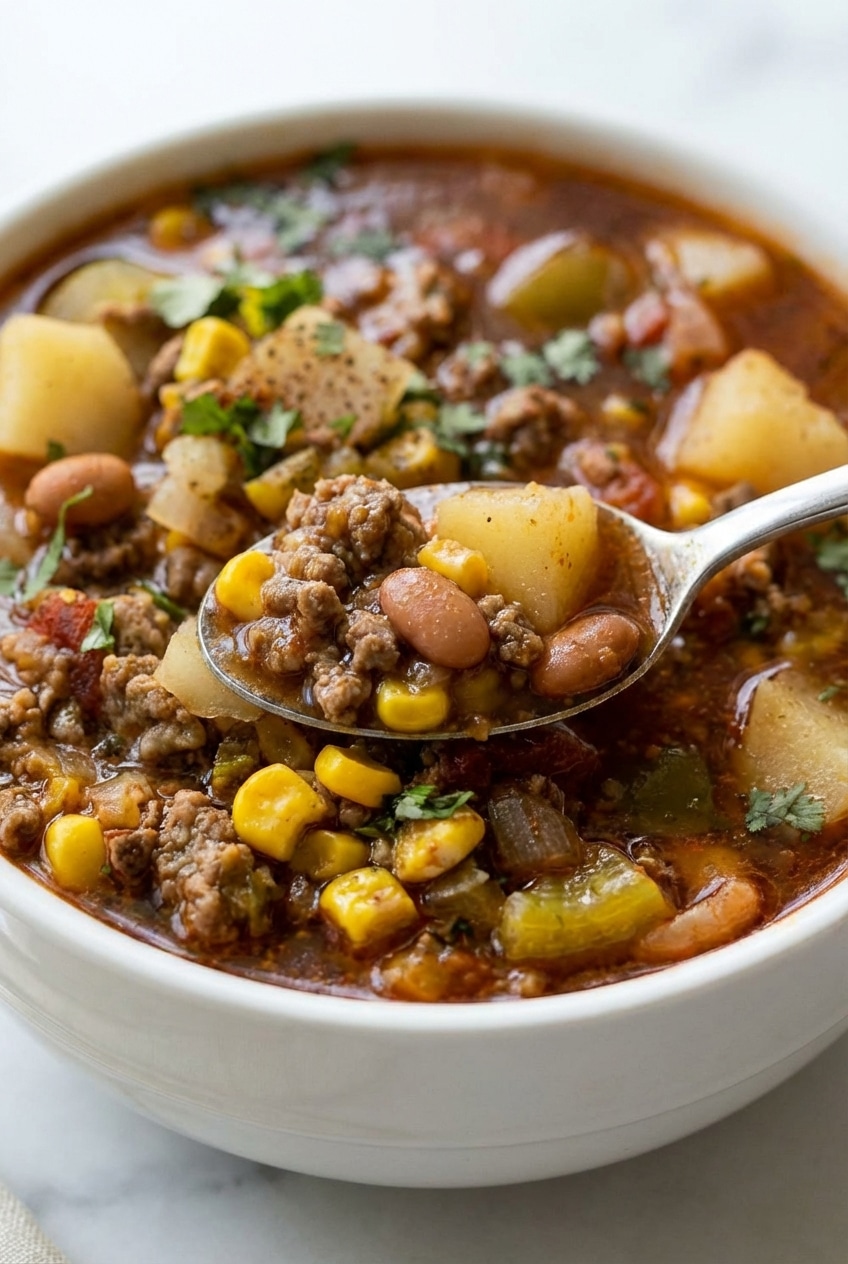 Ground beef simmering in a Dutch oven to achieve a savory Maillard reaction for cowboy soup.