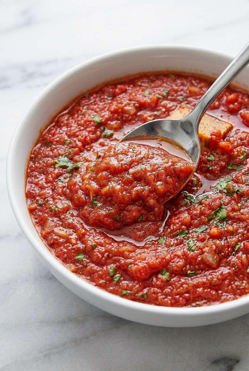 Simmering marinara sauce in a non-reactive pot to develop a deep, savory umami profile.