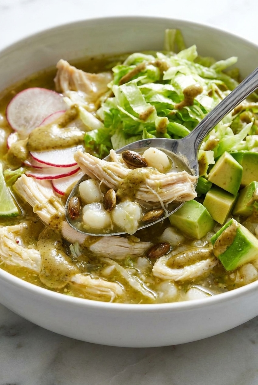 Shredded chicken and hominy simmering in a green tomatillo broth inside a Dutch oven.