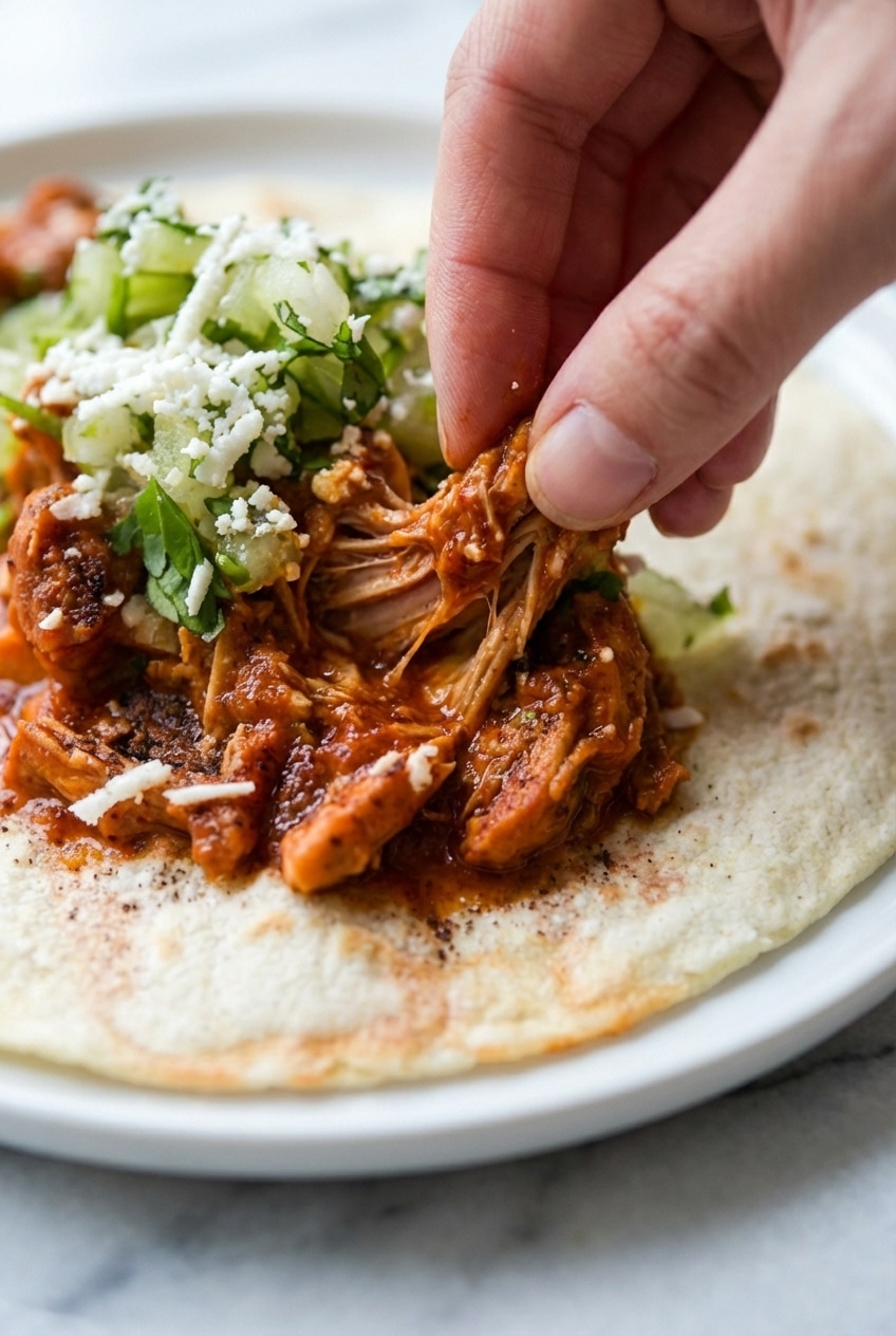 Simmering Chicken Tinga Tacos sauce in a Dutch oven with chipotle and dark cocoa for rich, savory depth.