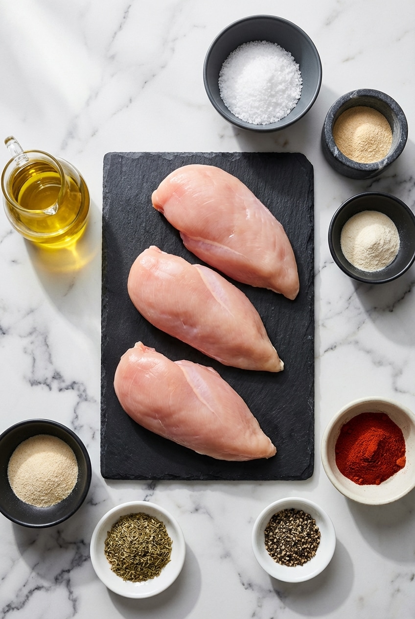 Overhead view of raw boneless skinless chicken breast, olive oil, and cornstarch for air fryer chicken breast preparation.