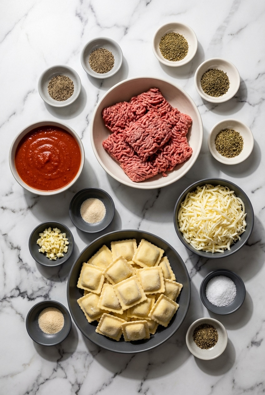 Ingredients for crockpot ravioli lasagna laid out, including frozen ravioli, ground beef, marinara sauce, mozzarella, and ricotta.