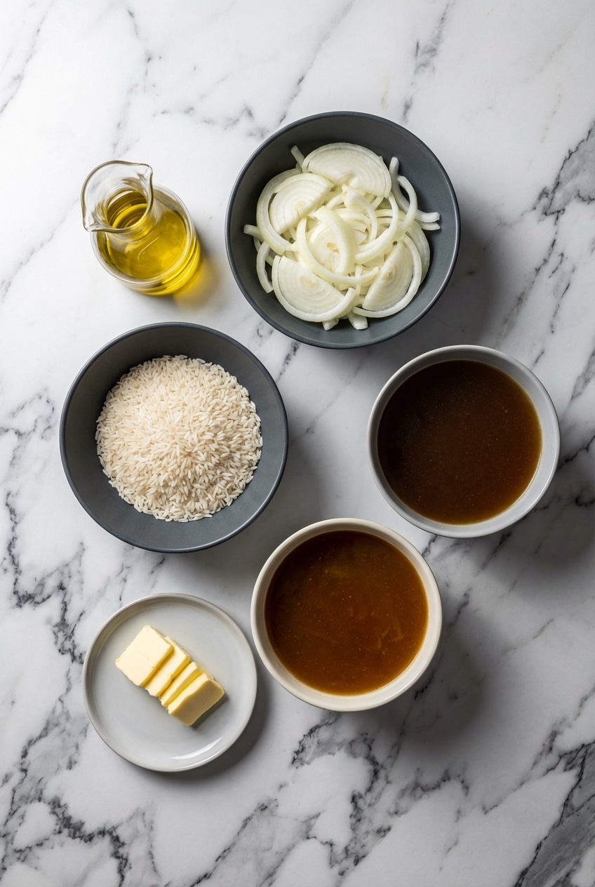 Ingredients for French onion soup rice laid out, including long grain white rice, beef consommé, and a block of Gruyère cheese.