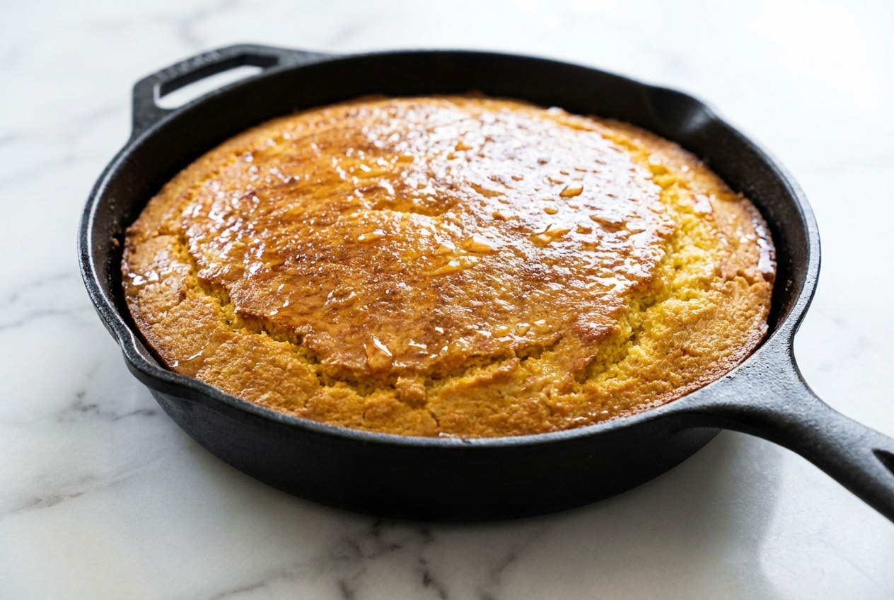 Golden skillet cornbread with a crispy browned honey butter crust in a seasoned cast iron skillet.