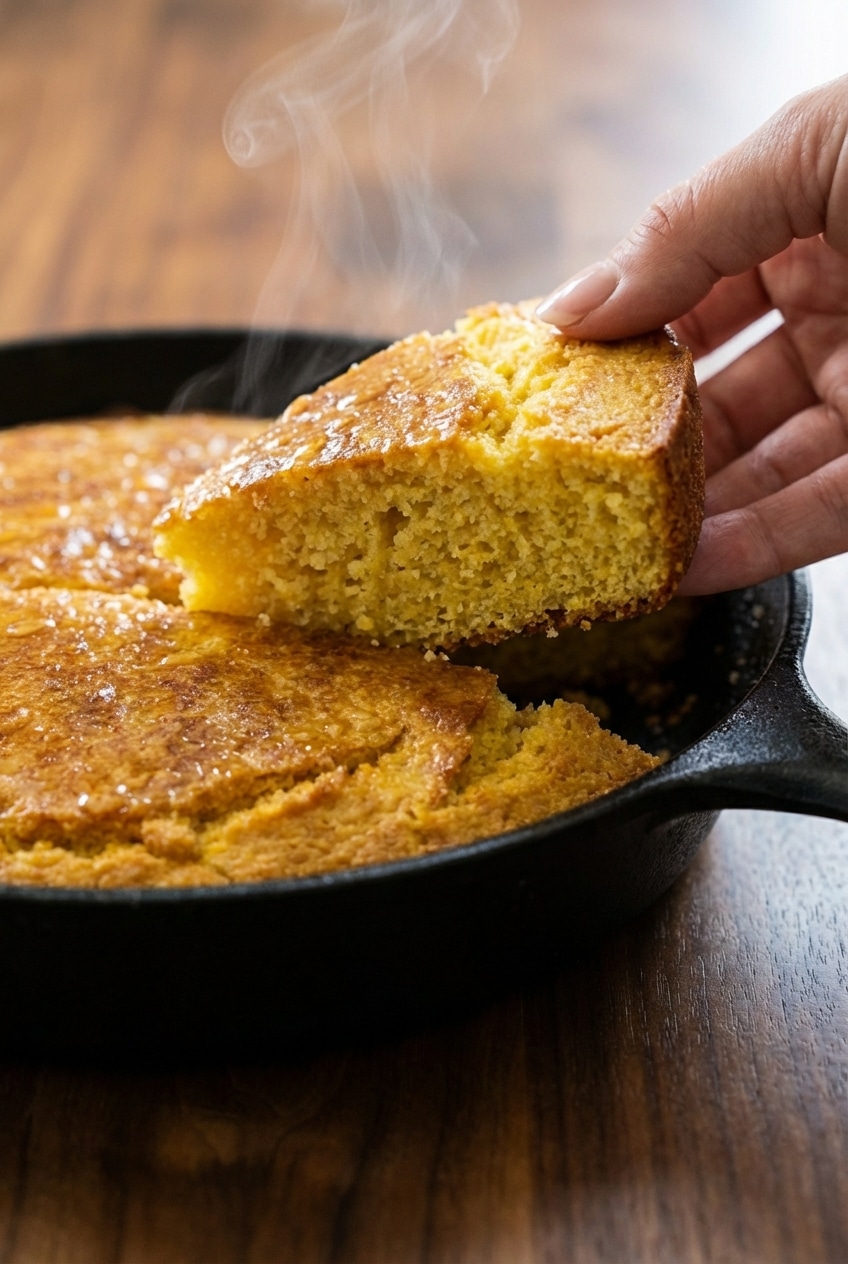 Close-up of the crispy, caramelized exterior of skillet cornbread highlighting the honey-butter texture.