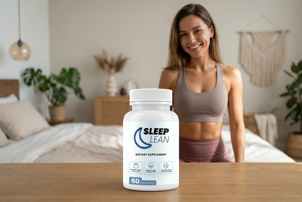 Sleep Lean bottle resting on a nightstand with a glass of water, a top-rated overnight fat burning supplement.