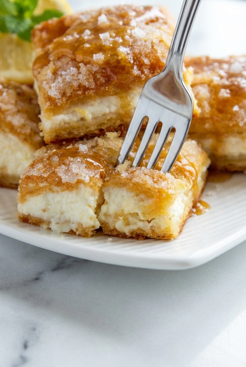Stacked lemon cream cheese bars showing the smooth cheesecake filling and golden crescent dough crust.