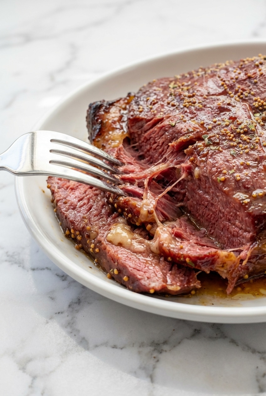 Slicing slow cooker corned beef against the grain to ensure a tender, melt-in-your-mouth texture.