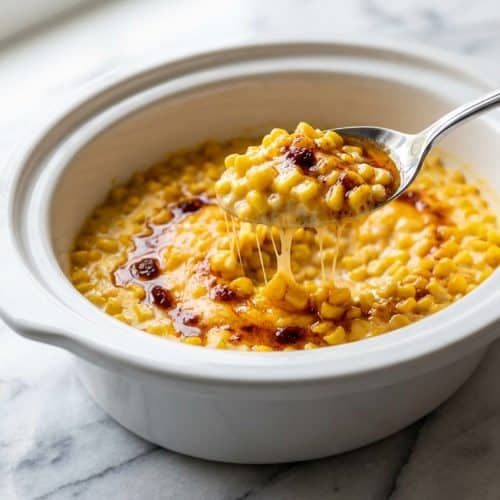 A white bowl of slow cooker cheddar corn with a golden hue from smoked paprika browned butter, garnished with fresh chives.