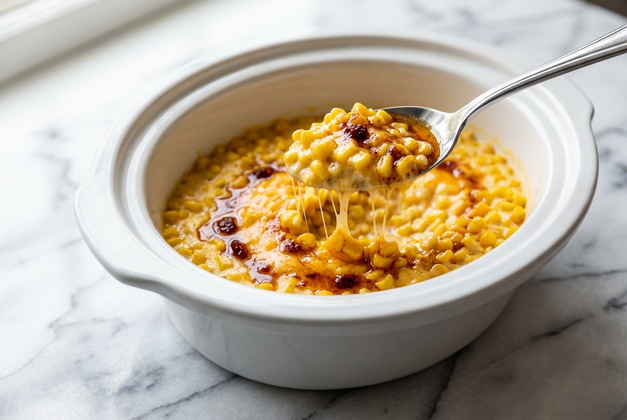 A white bowl of slow cooker cheddar corn with a golden hue from smoked paprika browned butter, garnished with fresh chives.