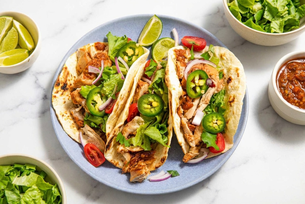 Slow Cooker Chicken Tacos featuring crispy, caramelized shredded chicken edges from a broiler finish.