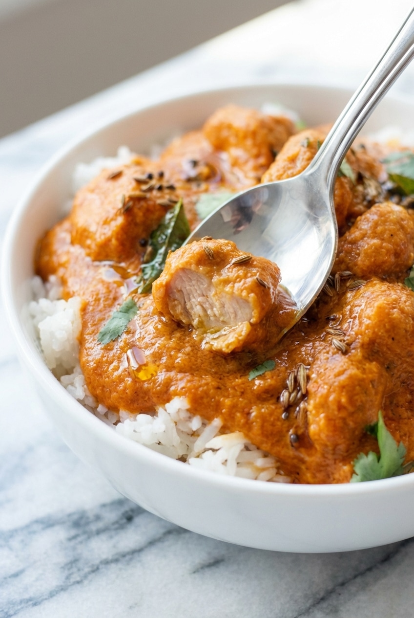 Close up of smooth slow cooker chicken tikka masala sauce showing the glossy spiced-oil bloom effect.
