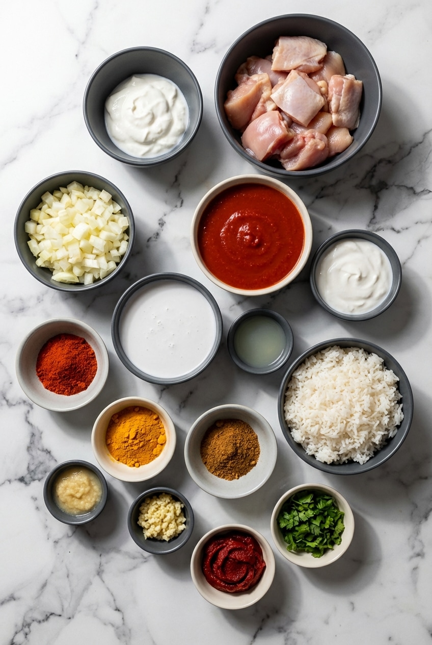 Flat lay of chicken thighs, tomato puree, turmeric, and garam masala for slow cooker chicken tikka masala.