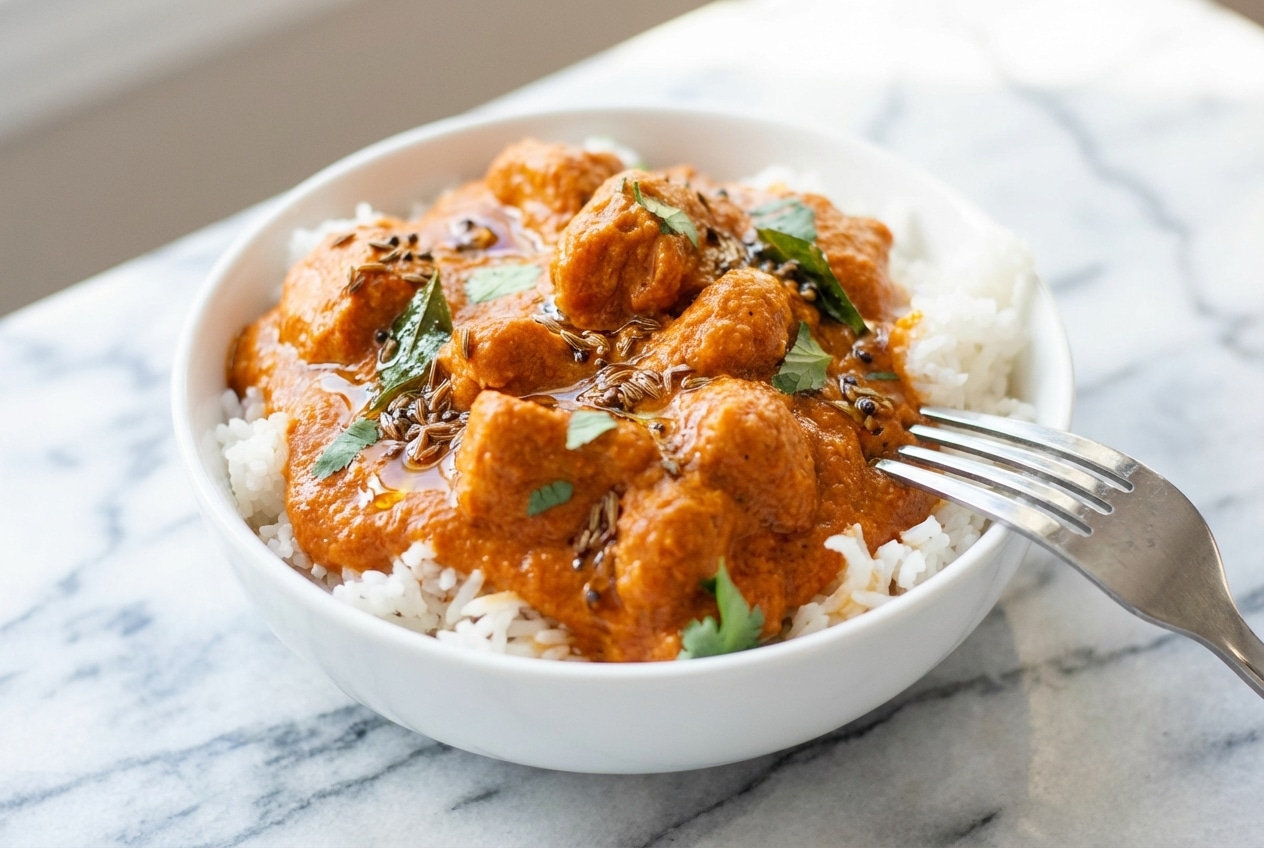 Slow cooker chicken tikka masala in a bowl featuring a vibrant spiced-oil tadka bloom and fresh cilantro.