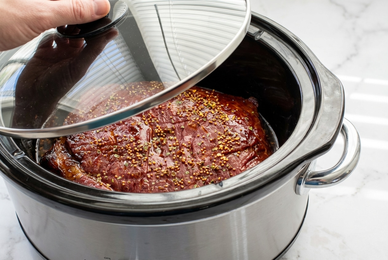 Slow cooker corned beef with a dark balsamic honey glaze and tender, pink center.