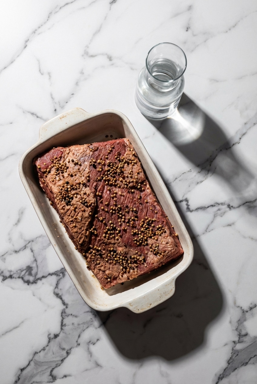 Raw ingredients for slow cooker corned beef including flat cut brisket, pickling spice, and Guinness.
