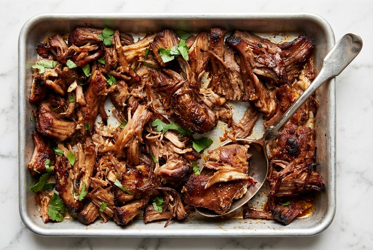 Slow cooker pork carnitas with crispy edges from a caramelized Mexican Coca-Cola and citrus reduction.