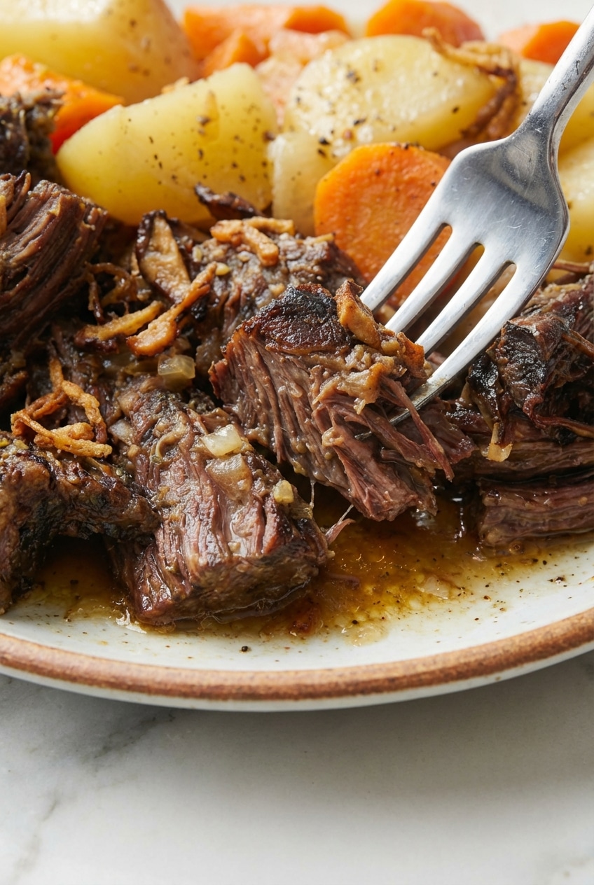 Close-up of Slow Cooker Pot Roast showing the Maillard reaction on the seared beef surface.