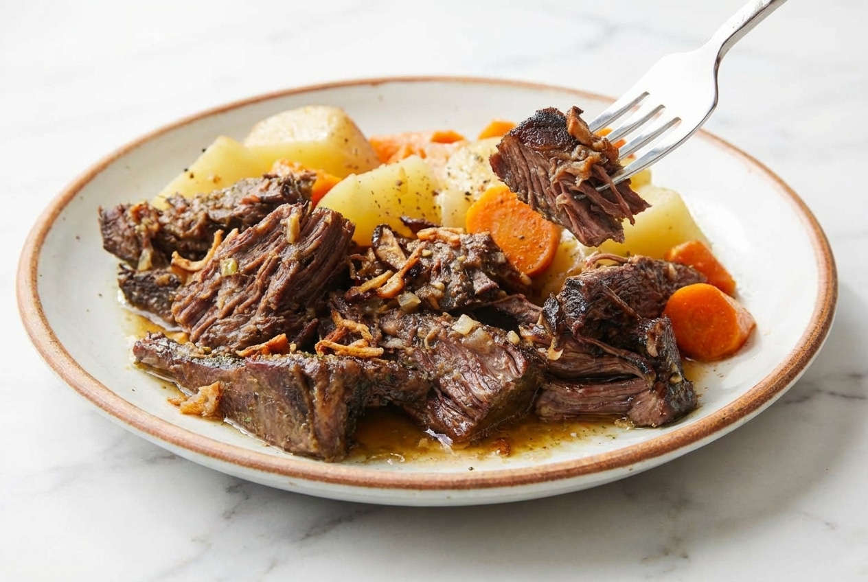 Tender Slow Cooker Pot Roast with a Triple-Umami Sear Technique crust and soft root vegetables.
