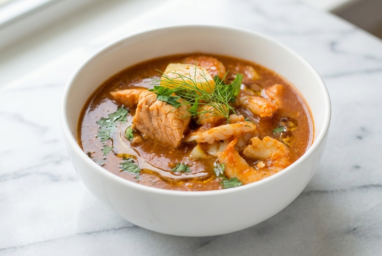 Slow cooker seafood stew in a bowl topped with aromatic fennel and a rich brown butter drizzle.