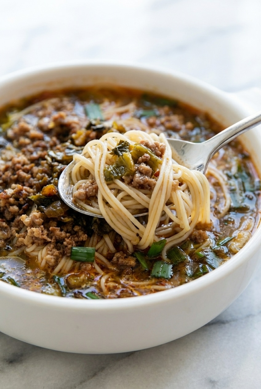 Close up of Yunnan rice noodle soup simmering in a traditional small pot with Sichuan chili oil and aromatics.