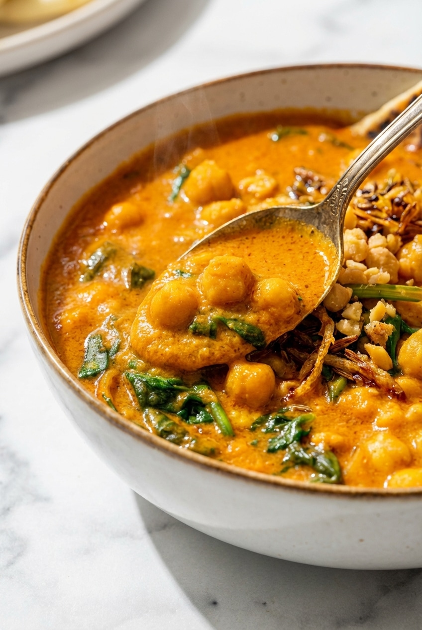 Close up showing the creamy texture of the chickpea curry created by smashing beans to thicken the sauce
