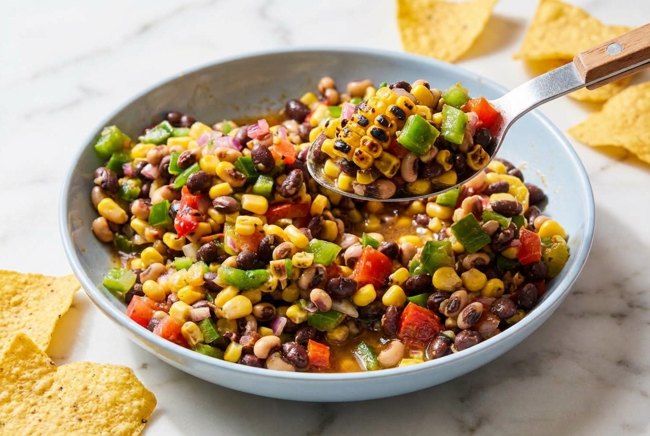 Cowboy Caviar Recipe featuring charred fire-roasted corn, black beans, and colorful veggies in a serving bowl.