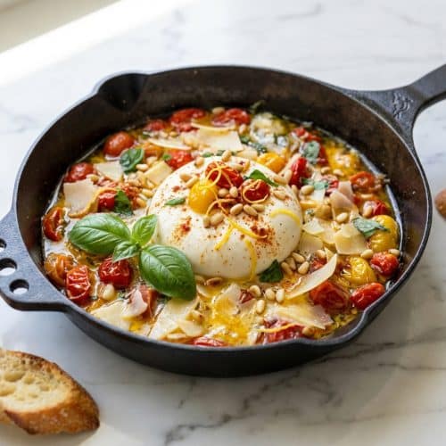 Creamy burrata appetizer drizzled with lemon zest and smoked paprika infused oil and roasted tomatoes.
