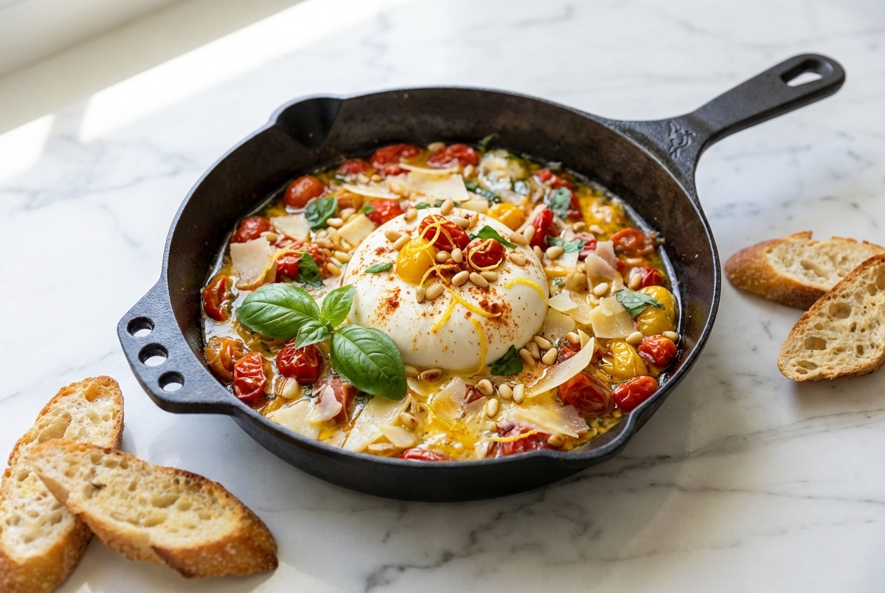 Creamy burrata appetizer drizzled with lemon zest and smoked paprika infused oil and roasted tomatoes.