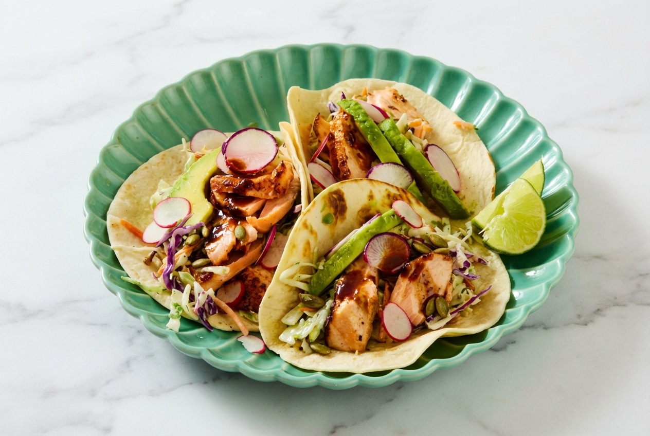 Salmon tacos topped with crunchy pepitas and a dark miso-chipotle glaze on warm tortillas.
