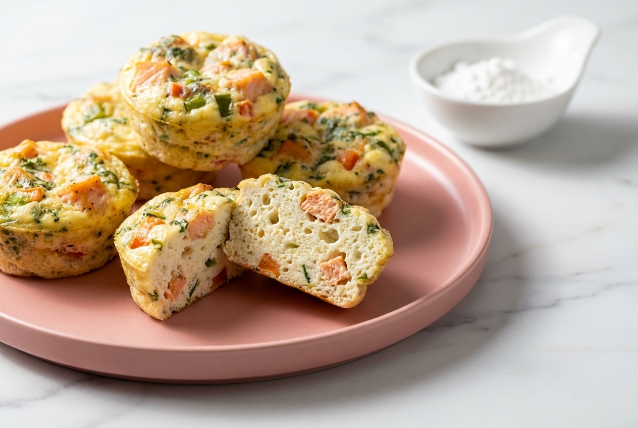 Golden brown cottage cheese egg bites with a perfectly smooth, velvet texture from the cornstarch hack, arranged on a small plate.