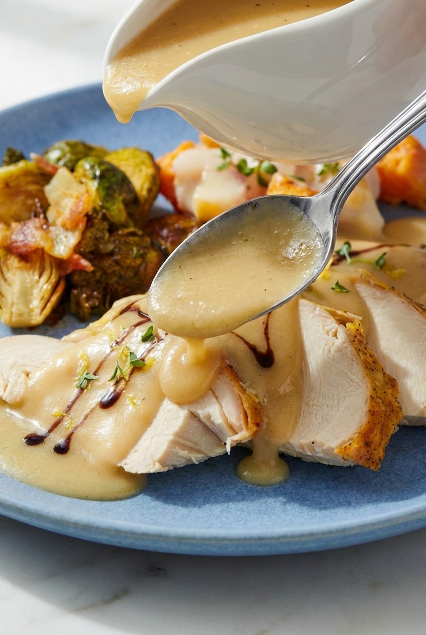 Close-up of smooth turkey gravy coating a spoon to illustrate a perfect nappe consistency.