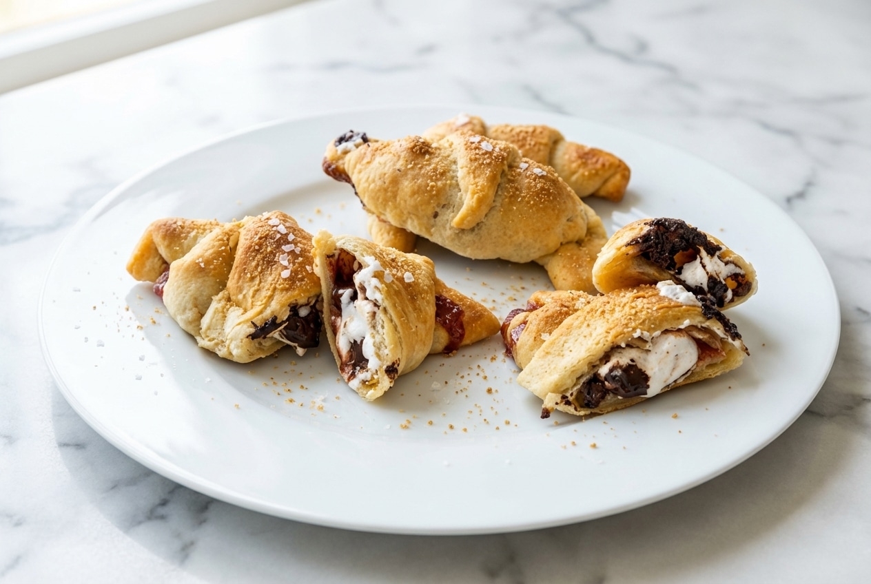 Golden brown S’mores Crescent Rolls finished with a dusting of toasted graham and a pinch of smoked sea salt.