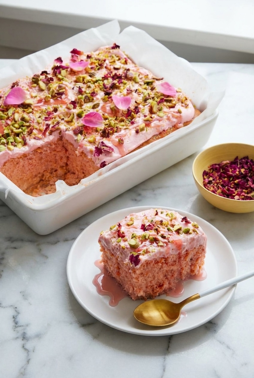 Rose milk cake being drizzled with a pink-hued milk mixture to show the proper absorption technique.
