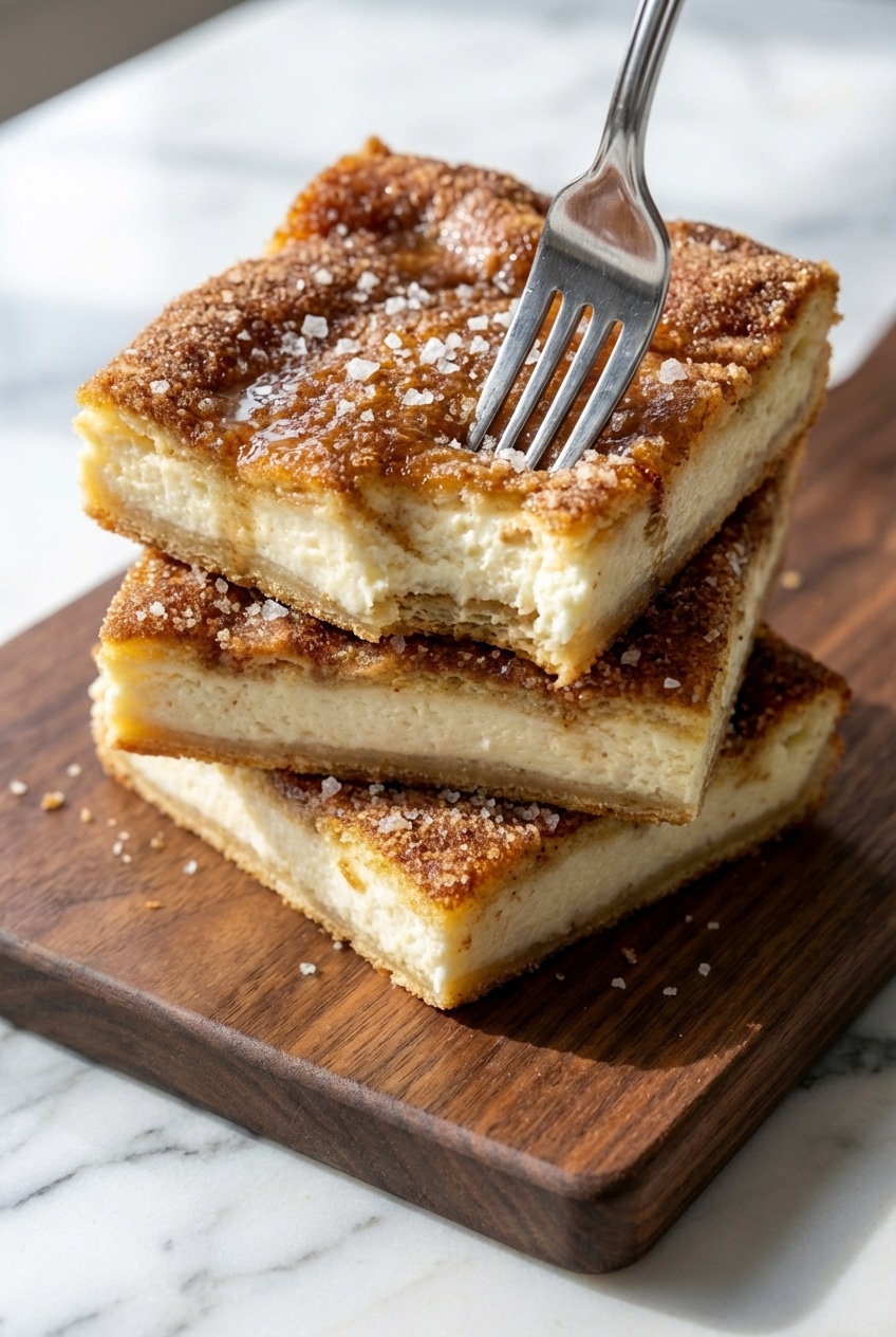 Pouring a rich cinnamon sugar topping over a 9x13 baking dish to finish this perfect sopapilla cheesecake recipe.