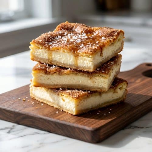 Baked sopapilla cheesecake recipe featuring a cream cheese filling, browned butter, and flaky sea salt cinnamon sugar topping.