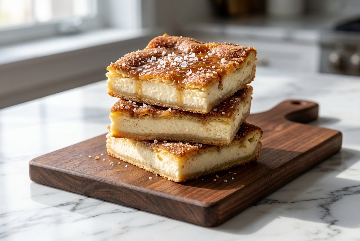 Baked sopapilla cheesecake recipe featuring a cream cheese filling, browned butter, and flaky sea salt cinnamon sugar topping.