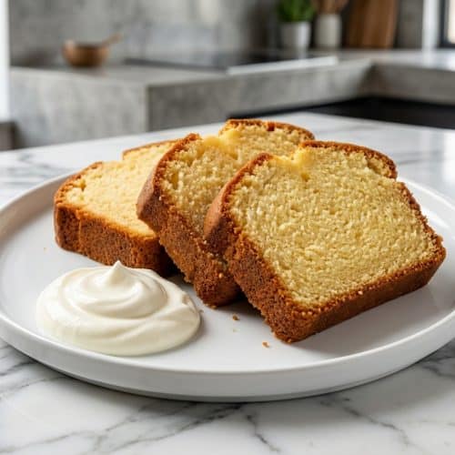 Golden brown Bundt cake on a ceramic stand featuring a tender sour cream crumb for this classic pound cake recipe.