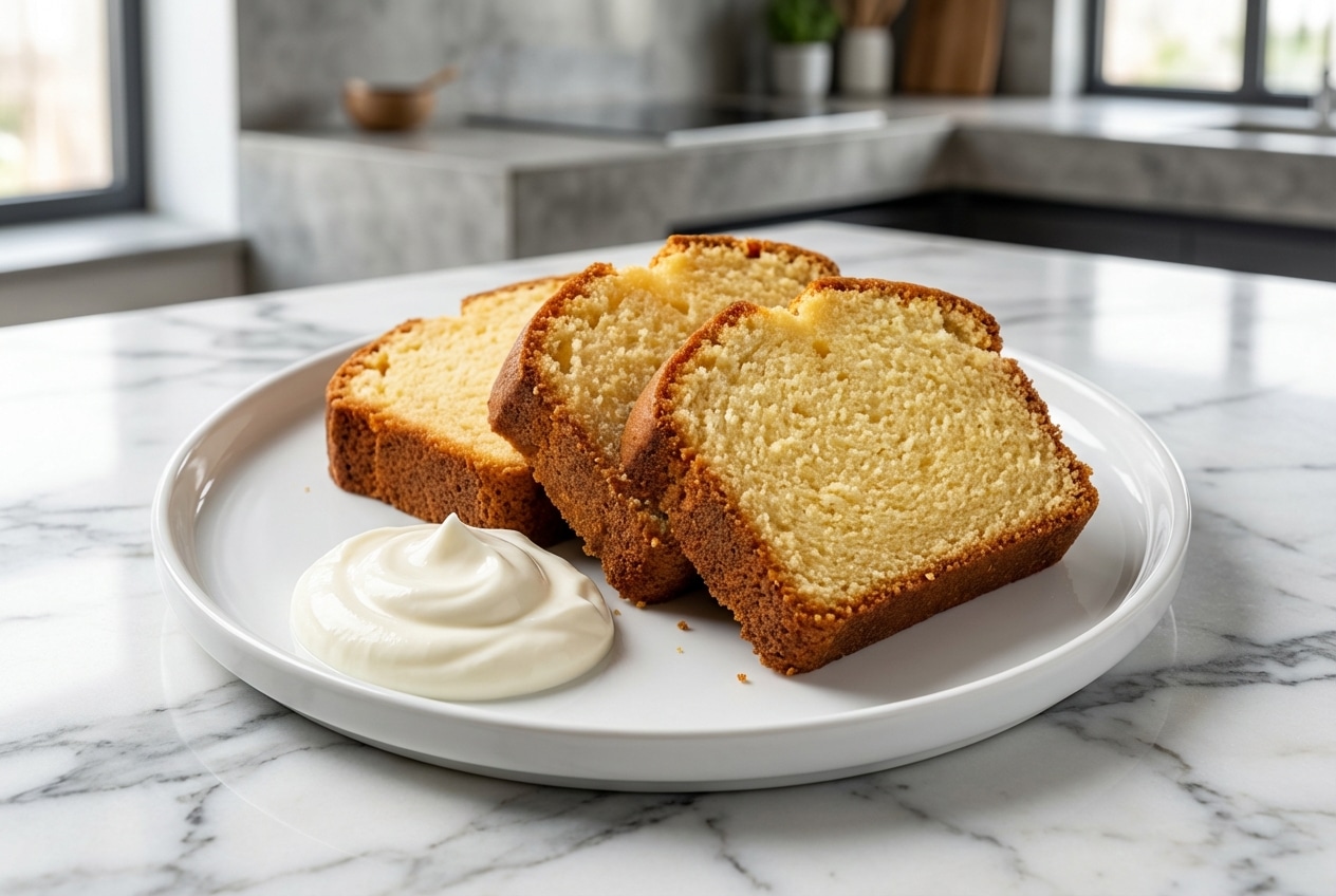 Golden brown Bundt cake on a ceramic stand featuring a tender sour cream crumb for this classic pound cake recipe.