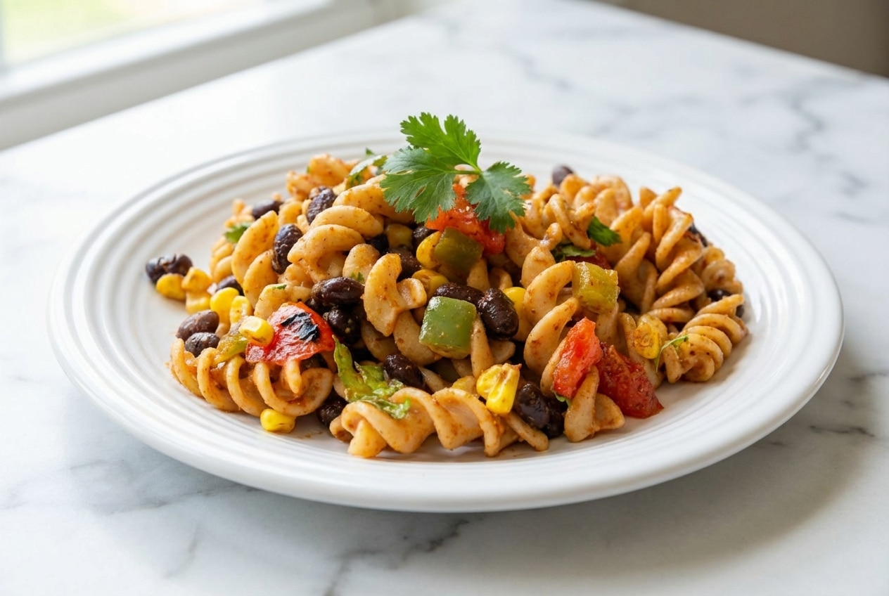 Creamy southwestern pasta salad featuring fire-charred corn, smoky peppers, and rotini in a zesty dressing.