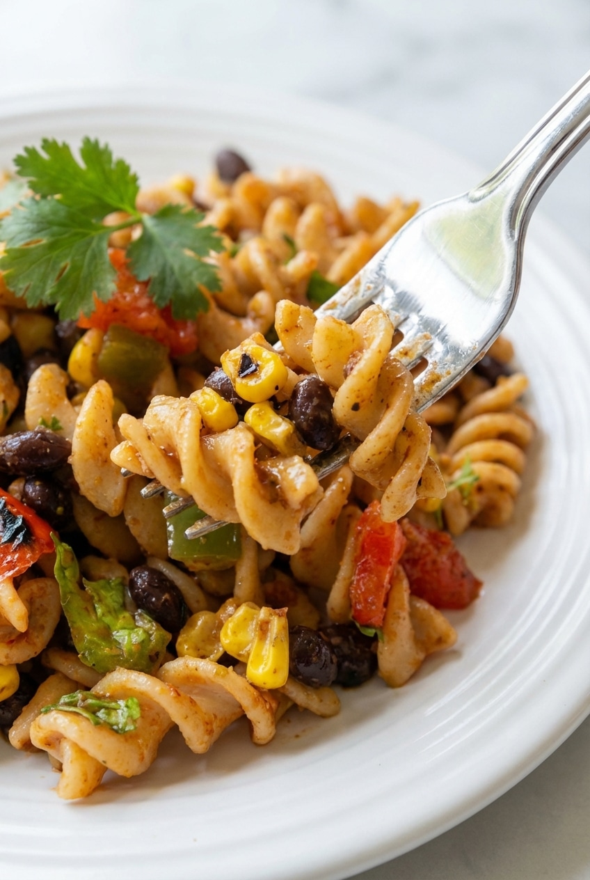 Colorful southwestern pasta salad served in a large bowl at an outdoor sunny potluck gathering.