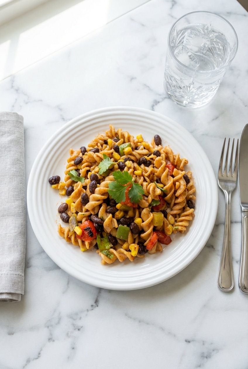 Close-up of al dente rotini pasta in a southwestern pasta salad coated in creamy ranch seasoning and cotija cheese.