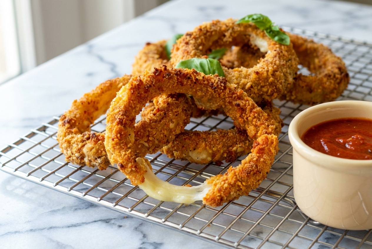 Golden brown mozzarella stick onion rings piled high featuring a spicy chip crust and melted cheese center.