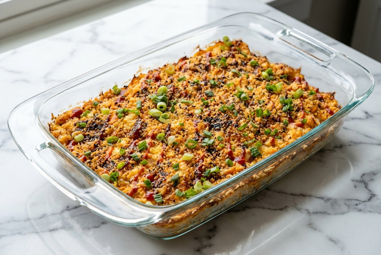 Spicy Salmon Sushi Bake casserole topped with crispy toasted panko and drizzled with spicy mayo and eel sauce.